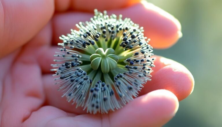 Hand holding poppy seed flower, to show growing poppy seeds