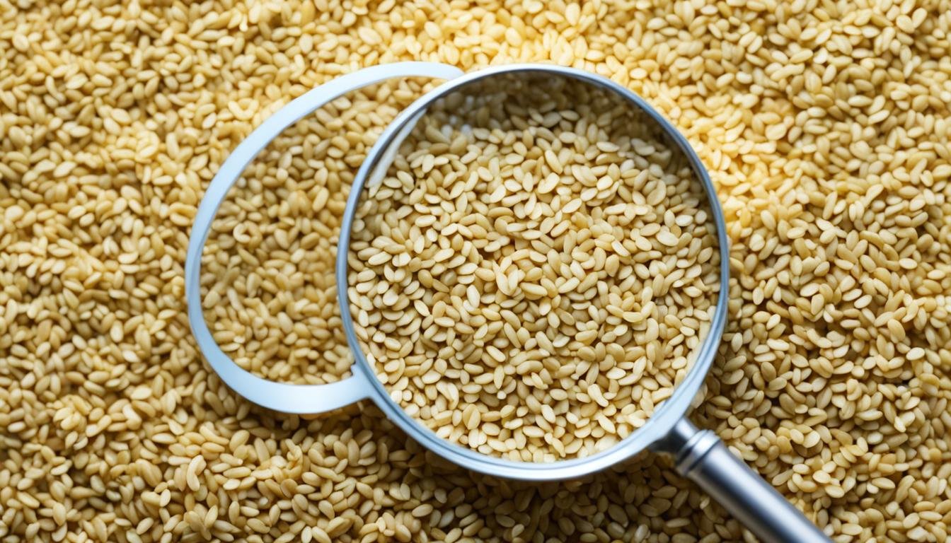 Sesame seeds with magnifying glass for closer view