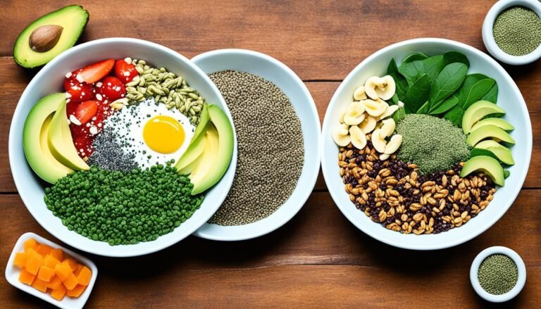 hemp seeds vs chia seeds, three plates with multiple healthy foods using chia and hemp seeds