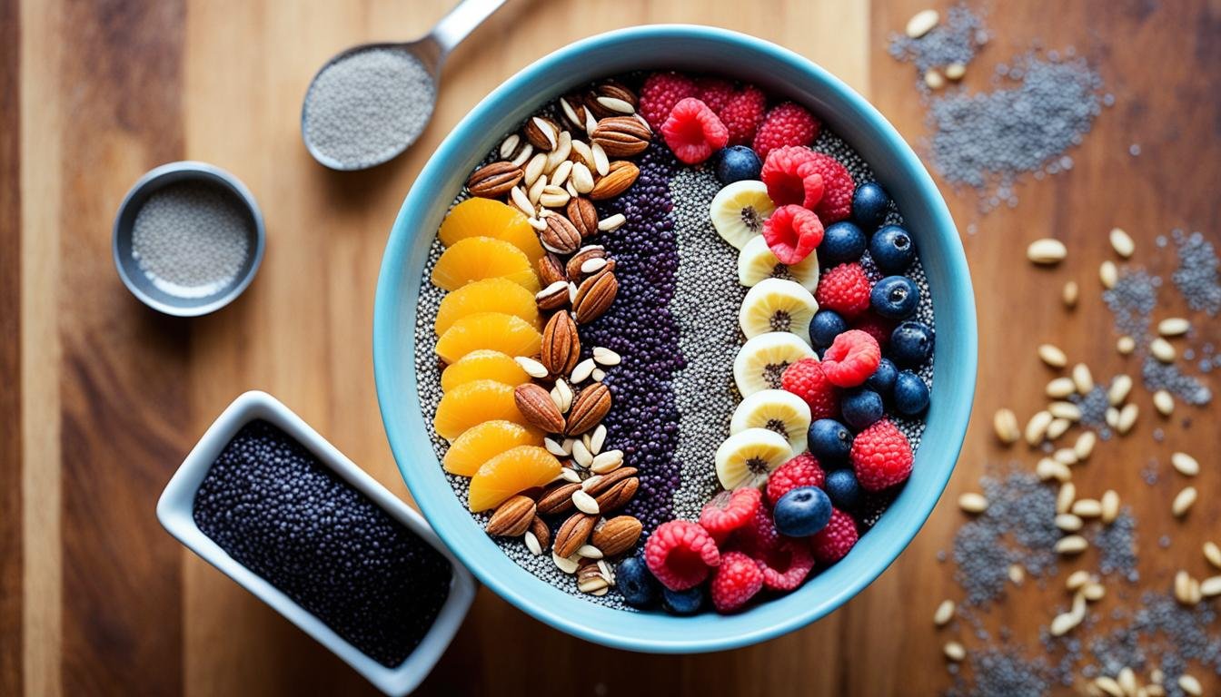 one big plate with multiple portions and each portion with different foods along with chia seed