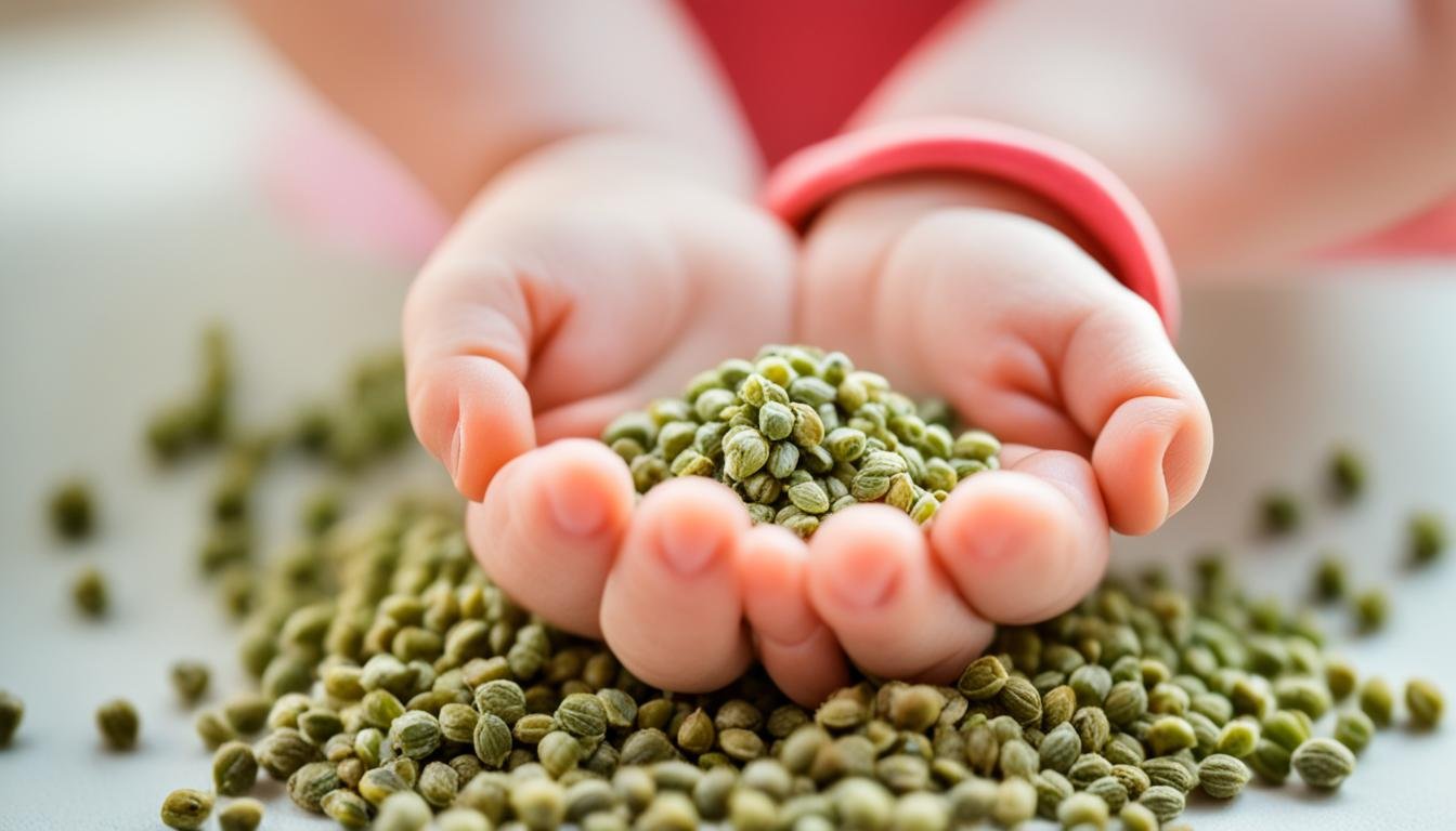 baby hands holding hemp seeds