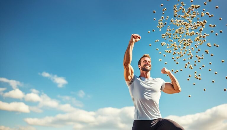 a men raising his hand in joyful way and sprinkled caraway seeds in the sky.