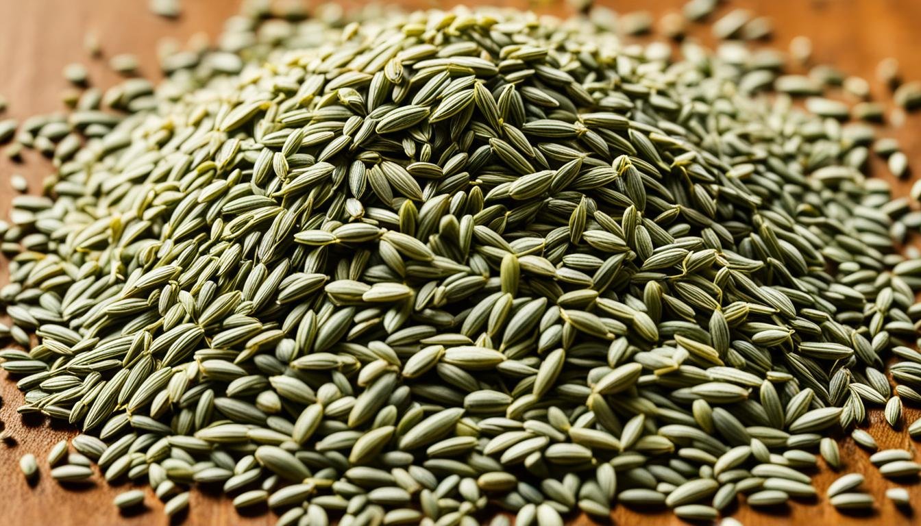 chunk of caraway seeds on the wooden floor.