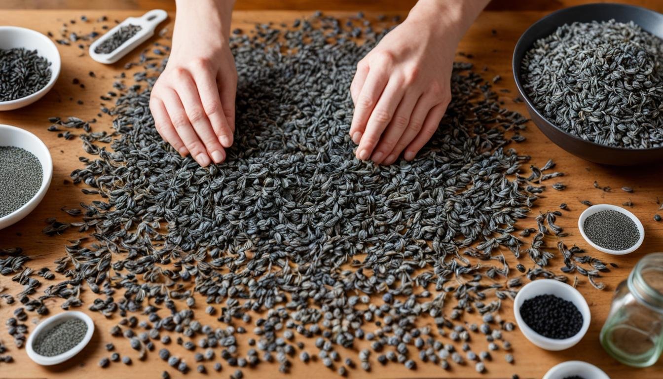 Poppy seed crafts, man cleaning poppy flower and removing poppy seed out of it.