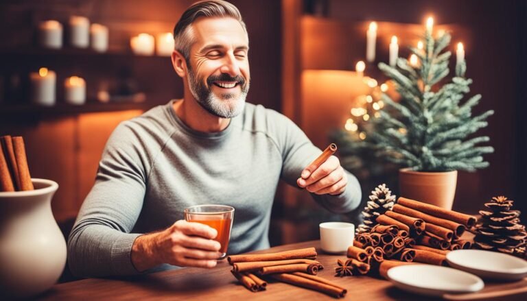 a man smiling while holding a cinnamon stick