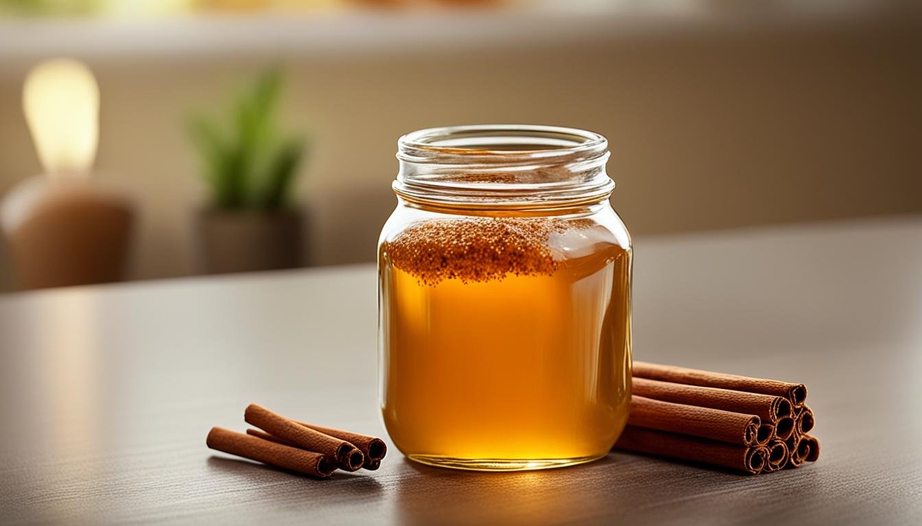 a jar of liquid next to cinnamon sticks