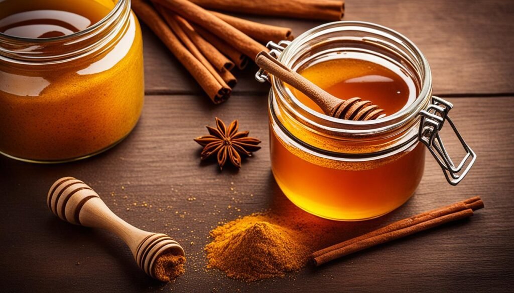 a jar of honey next to a spoon and cinnamon sticks