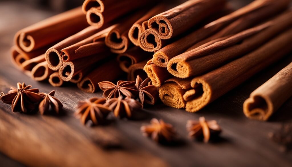 a close up of cinnamon sticks and anise