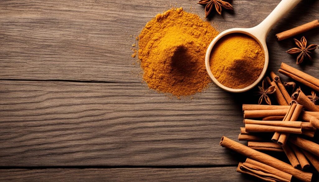 a spoon with powder and cinnamon sticks on a wood surface